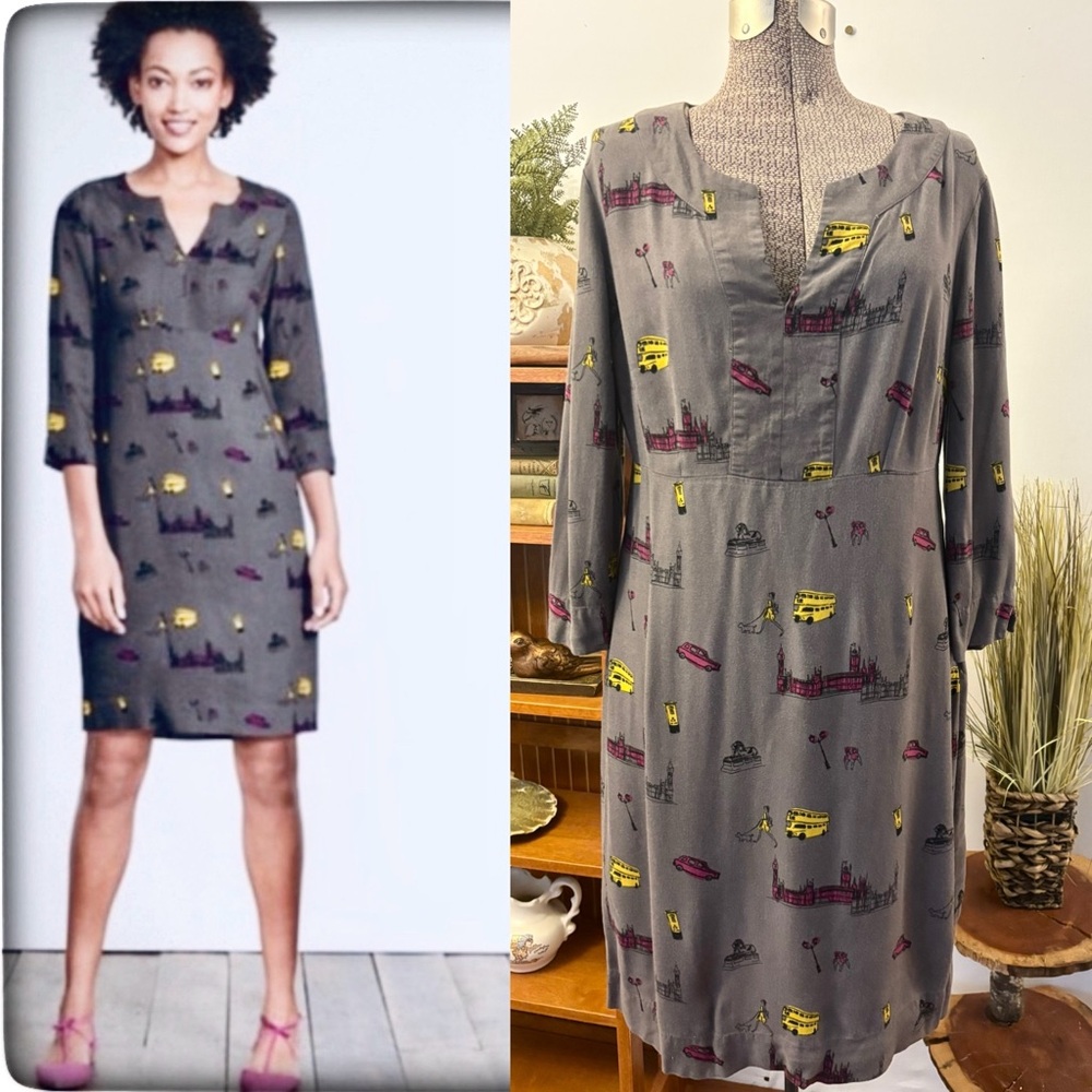 Boden Sz 8 Alexandra London Grey Shift Dress Novelty Double Decker Bus Viscose